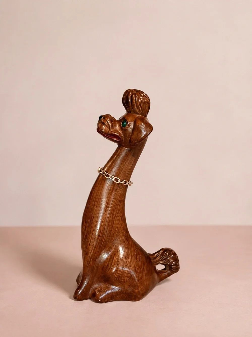 Vintage Mid-Century Modern Wooden Poodle Figurine with Gold Tone Collar